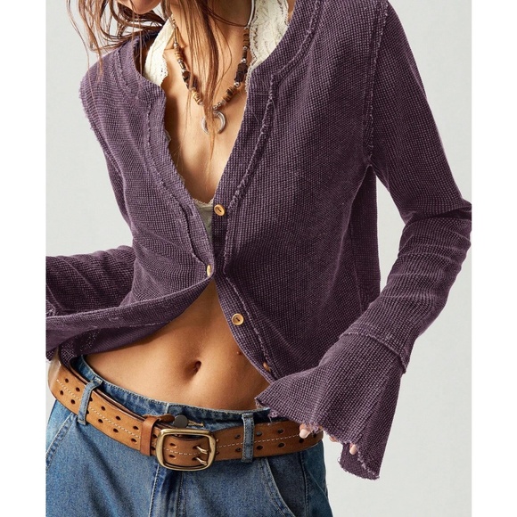 Solid Button Down Flared Raw stitch Long Sleeve Top - Picture 1 of 10